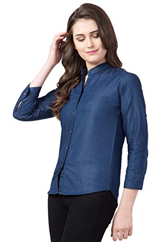 Image of FUNDAY FASHION Women's Denim Blend Casual Mandarin Collar Regular Fit Shirt