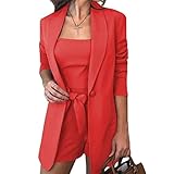 Sawmew 3 Teilige Outfits für Damen, Vorne Offener Langarm Blazer und Kurze Hosenanzug-Sets, Lässiges, Elegantes Business (Color : Red A, Size : 3XL)