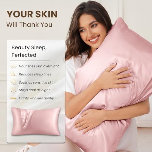 Image of THXSILK 25 Momme Mulberry Silk Pillowcase for Hair and Skin, 100% Mulberry Silk Grade 6A+, Dual-Sided Silk Body Pillow Case with Hidden Zipper, Body Size 20 inchx54 inch Silk Pillow Case, 1pc, Light Pink