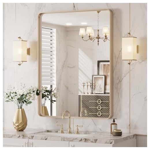 LOAAO 20”X30” Gold Bathroom Mirror, Rounded Rectangle Gold Frame Mirror, Brushed Gold Bathroom Vanity Mirror Wall-Mounted, Anti-Rust, Hangs Horizontally or Vertically