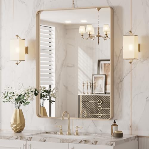 LOAAO 24”X32” Gold Bathroom Mirror, Rounded Rectangle Gold Frame Mirror, Brushed Gold Bathroom Vanity Mirror Wall-Mounted, Anti-Rust, Hangs Horizontally or Vertically