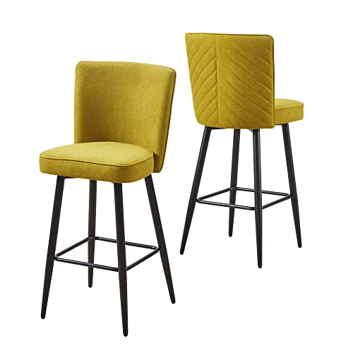 Cozy Castle Rustic Linen Counter Stool Set Of 2, 26-Inch Bar Stools With Metal Frame, Striped Tufted Back Stool Chair For Kitchen Counter, Dining Room, Mustard Yellow #TOP7