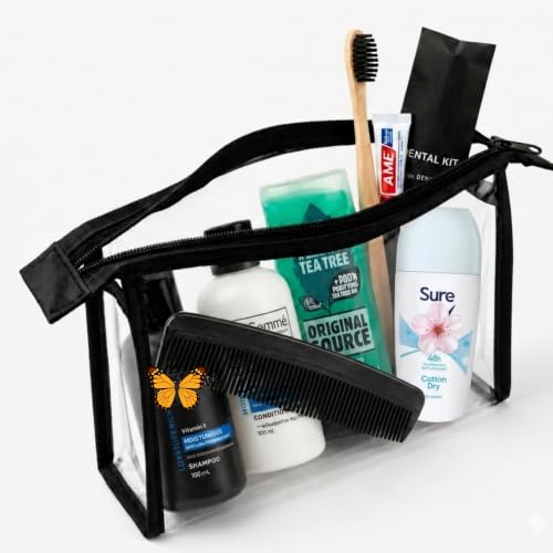 Womens Travel Toiletries Set with Clear Toiletry Bag Travel Kit with Shampoo Conditioner Shower Gel Anti-Perspirant Dental Kit & Comb Travel Essentials for Holidays Overnight Stays
