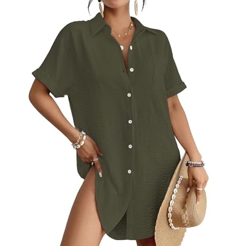Bsubseach Women Swimsuit Coverup Shirt Dress Button Down Bathing Suit Cover Up Beach Vacation Outfits Army Green XX-Large