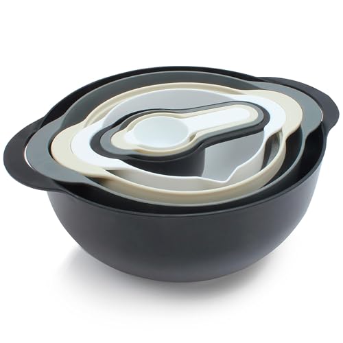 COOK WITH COLOR Nesting Bowls with Measuring Cups Colander and Sifter Set - Includes Mixing Bowls, Colander, Sifter and Measuring Cups, Black, 8 Pc Bowl