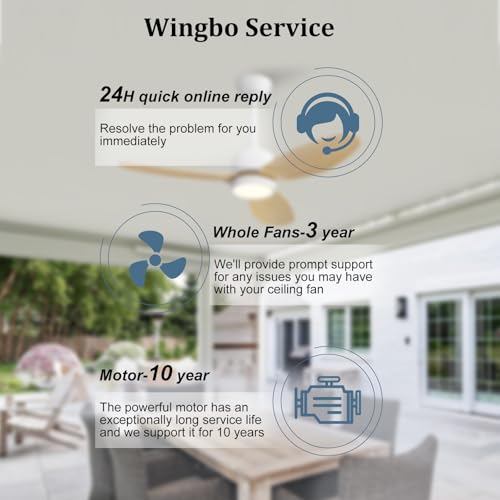 WINGBO 42" Outdoor Ceiling Fans with Lights, Wet Rated Waterproof Indoor Ceiling Fan with Remote, 3 ABS Blades Modern Ceiling Fan,Quiet 6-Speed DC Motor, for Porch Patios Bathroom, White+Light Wood by WINGBO - Used condition - Image 7