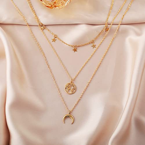 Glamorous Plated Triple Layered Moon Star Necklace