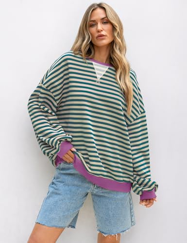 Image of UEU Women Oversized Striped Crewneck Sweatshirt Long Sleeve Color Block Pullover Tops Casual Loose Workout Shirt