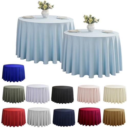 Image of 2-Pack Round 108-inch Dusty Blue Table Cloths, Solid Stain and Wrinkle Resistant Circular Tablecloth, Premium Plain Weave Polyester Fabric Table Linen Covers for Hotel, Banquet