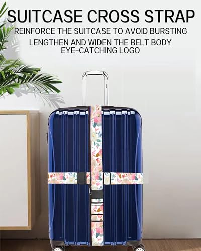 Image of Luggage Straps for Suitcases, Adjustable Travel Belt, Durable Wide Luggage Strap, Cute Suitcase Strap Identifiers with Buckle, Bag Straps for Luggage, Cute Pink Flowers