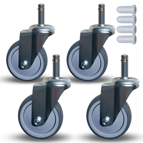 BAISASY 3 Inch Stem Caster Wheels, 7/16-Inch Grip-Ring Stem Casters Set of 4, Wheels for Carts Heavy Duty Without Brake, for Workbench Trolley, Shop Carts etc.