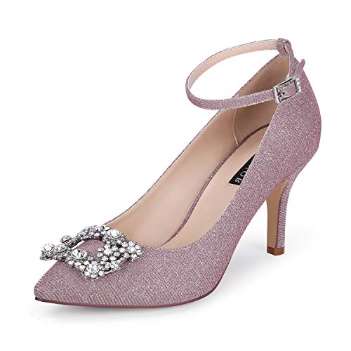 ERIJUNOR Glitter Pumps for Women Pointy Toe Mid Heels Prom Evening Dress Shoes