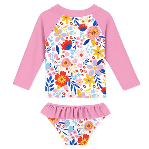 Image of Funnycokid Girls Swimsuit Toddler Bathing Suit Long Sleeve 2 Piece Rash Guard Set for Kids 2-10 Years