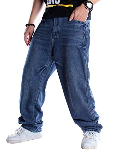 Ylingjun Mens Baggy Hip Hop Jeans Casual Loose Fit Embroidered Skateboard Denim Pants (34, Dark Blue 102)