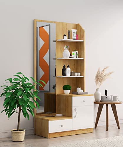 Image of Bniture Wooden Dressing Table for Bedroom with 2 Drawer, Mirror and Huge Storage Space | Long Dresser Vanity Table with Mirror (40D x 85W x 180H CM) (Giant Wood & Frosty White)
