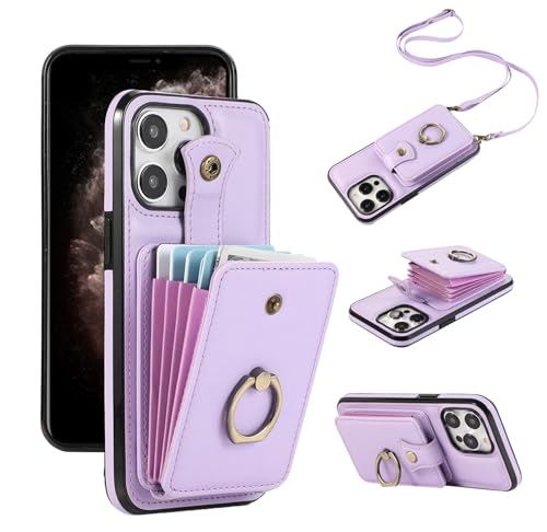 Cover per iPhone 11 Pro Max con Cordino Laccio Pelle Porta Carte Anello Supporto Protettivo Protezione Silicone Antiscivolo Rinforzata i-Phone 11ProMax i 11pro ProMax 11max Custodia Case Viola