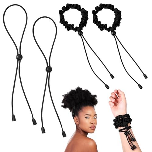 KFHENSOMR Adjustable Hair Ties 4 Pcs Black Large Satin Hair Ties for Afro Puff Thick Hairs Band Adjustable Loc Accessories for Black Women Soft Ponytail Holders for Medium Thick Thin Curly Hairs