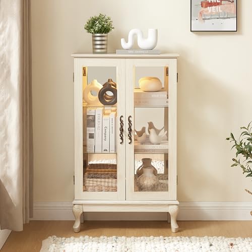 Image of 43 inch H Lighted Curio Cabinet Display Case, Glass Curio Cabinet with Adjustable Shelves & Tempered Glass Door, Wooden Cabinets with Mirrored Back Pane for Living Room (Antique White)
