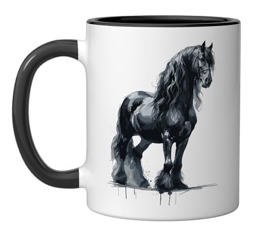 Taza de cerámica con arte acuarela de caballo frisón miniatura 1