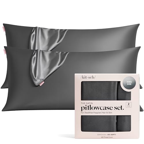Image of Kitsch Satin Pillowcase with Zipper for Hair & Skin - Softer Than Silk Pillow Cases, Smooth Cooling Satin Pillow Case, Wrinkle-Free, Machine Washable, King Size Satin Pillow Case 19x36, Charcoal, 2pc