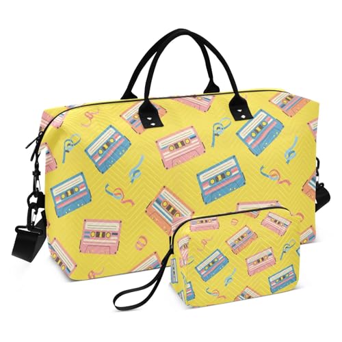 Music Tape Yellow Travel Duffel Bag for Men Women with Makeup Bag Weekend Overnight Carry On Bags for Travel Hospital Gym