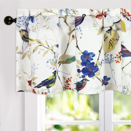 Vogol 008CMQH001BLBS5212 Faux Linen Birds Pattern Valance, 1 Panel Blue Bird Print Light Filtering Privacy Window Treatment cover