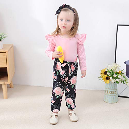 Image of YALLET 3Pcs Toddler Girl Clothes Solid Color Long Sleeves Ruffle Top+Floral Pants+Headband 1-6 Years Fall /Winter Outfits Set