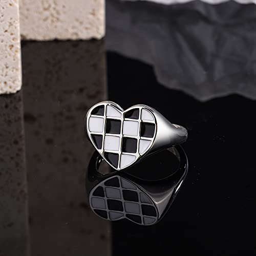 Izpack Plaid Love Heart Open Stacking Ring Black And White Checkered Enamel Heart Adjustable Chunky Bands Wedding Valentine'S Day Promise Eternity Finger Rings For Women Brides Fashion Jewelry thumb #4