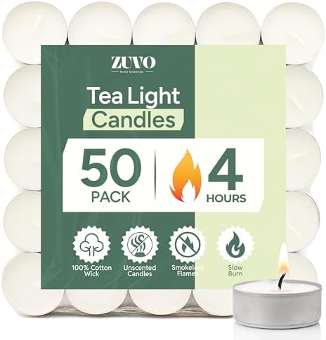 Zuvo Tea Lights 4 Hour Burn, Unscented White Tealight Candles, 50 Pack