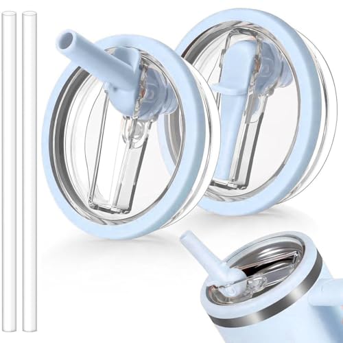 Image of 40oz Tumbler Replacement Flip Straw Lid Pack of 2 - Leak Proof BPA Free Lid with 2 Reusable Straws, Splash Resistant Flip Top Cover Compatible with Stanley 40 oz Quencher H2.0 Tumbler (Sky Blue)