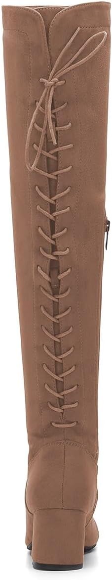 FOWT Women Closed Round Toe Over The Knee Boots Lace Up Mid Chunky Block Heels Sexy Party Date Dress Shoes Size 4-16 US