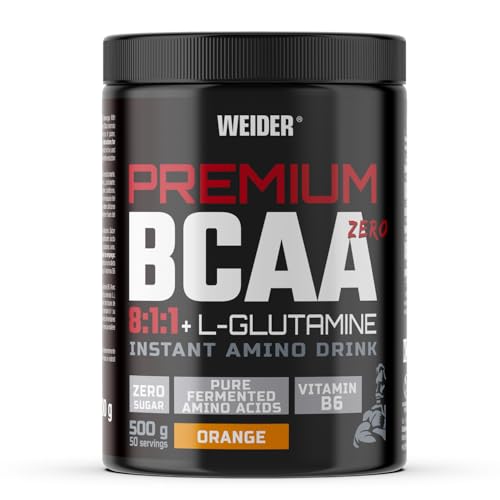 Premium BCAA 8:1:1+L-Glutamine (500g) Sabor Naranja, Combinación Recuperadora de Aminoácidos con L-Glutamina Kyowa Quality®, Vitamina B6. Aumenta y Protege la Masa Muscular, Sin azúcar, Vegano
