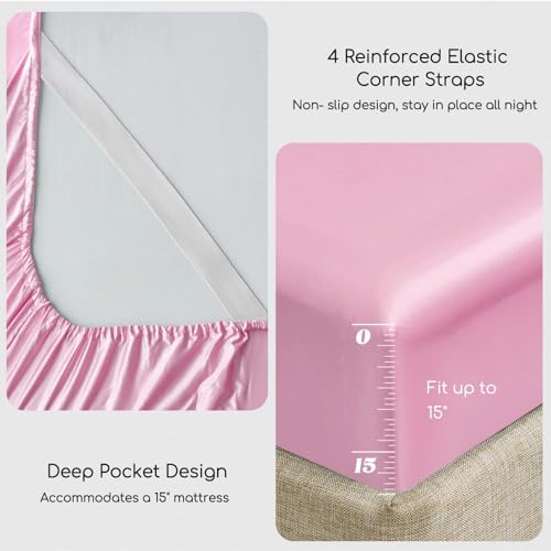 Image of MR&HM Satin Bed Sheets, Queen Size Sheets Set, 4 Pcs Silky Bedding Set with 15 Inches Deep Pocket for Mattress (Queen, Pink)