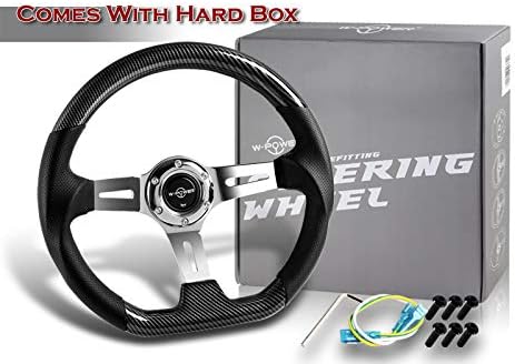 Miniatura 5 de W-Power, 13.5 pulgadas universal 13.504 in 6 pernos agujero profundo plato de madera de fibra de carbono con aluminio pulido cuero negro agarre