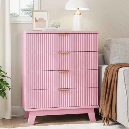 Image of Xixini Fluted Nightstand with 4 Drawers, 31.5 inch Wide Side Table, Pink
