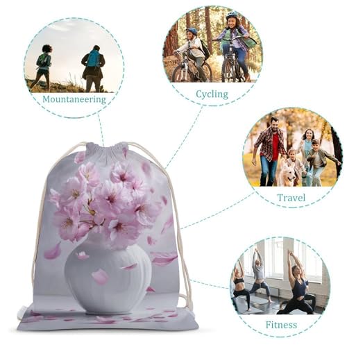 White Vase with Pink Cherry Drawstring Backpack Canvas String Bag Lightweight Sports Gym Bag for Men Women3