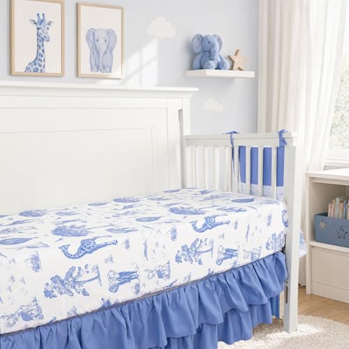 Image of TANOFAR 4-Piece Crib Bedding Set for Baby Boys, Blue Elephant Nursery Bedding Set Includes Comforter, Fitted Crib Sheet, Crib Skirt, and Diaper Stacker, Blue Elephant