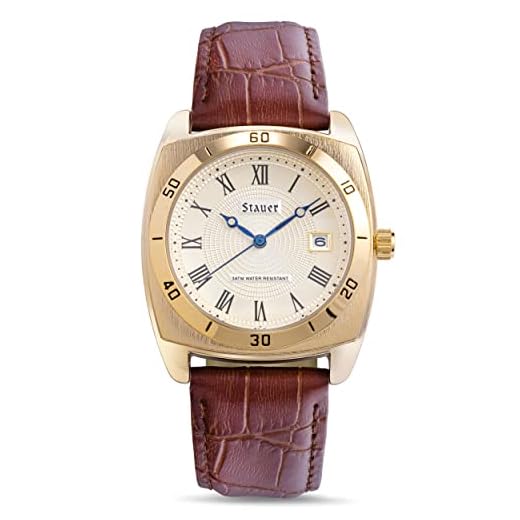 Stauer Timemaster Piezo Watch for Men – Gold-finished Analog Watch w/Stainless Steel Watch Case Back, Tough Alloy Case – White Dial Gold Watch w/Genuine Brown Leather Watch Strap – Luxury Gift for Men