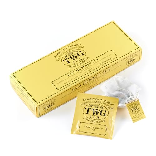 TWG Tea | Bain de Roses Tea | Té Negro | Capullos de Rosa y Pétalos de Rosa | 15 Bolsitas de Té de Algodón Cosidas a Mano | Caja de Regalo Originales