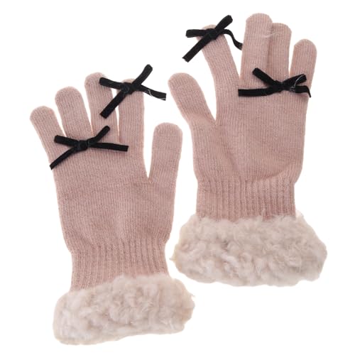 Knitted Plush Cuffs Gloves Winter Full Finger Mittens Stretchy Warm Gloves With Small Bowknot Decor For Girls Teens