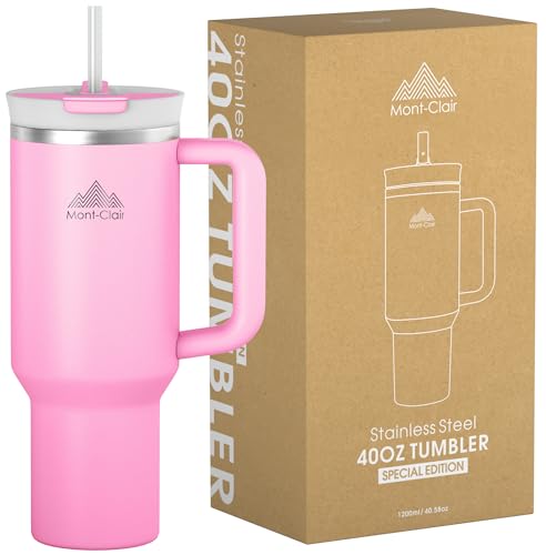 Mont-Clair Tumbler 40oz - Trinkflasche mit Strohhalm 1.2L - Auslaufsicher Thermobecher mit Strohhalm Kühlt 10 Stunden - 48 Stunden Eisgekühlt - Trinkbecher mit Deckel und Strohhalm BPA Frei - Rosa