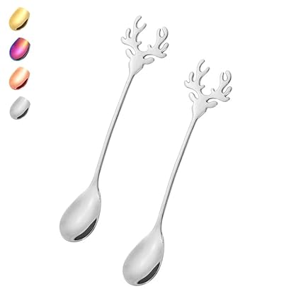 Reindeer Coffee Spoons Stainless Steel Silver Dessert Spoons Teaspoons for Stirring, Mixing, Sugar, Stir, Ice Cream, Cake