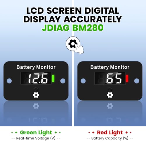 Image of JDIAG BM280 Digital Battery Gauge for 12V-72V Lithium & Acid Batteries, Waterproof LCD Display Battery Capacity Voltage Monitor Meter for Golf Cart (EZGO, Club Car), Car, RV and More