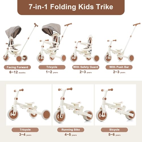 Image of 7 in 1 Baby Tricycle, Foldable Toddler Tricycle with Removable and Adjustable Parent Handle, Toddler Push Bike with Removable Pedal, Canopy, and Guardrail, Tricycle for 12-72 Months (Ivory)