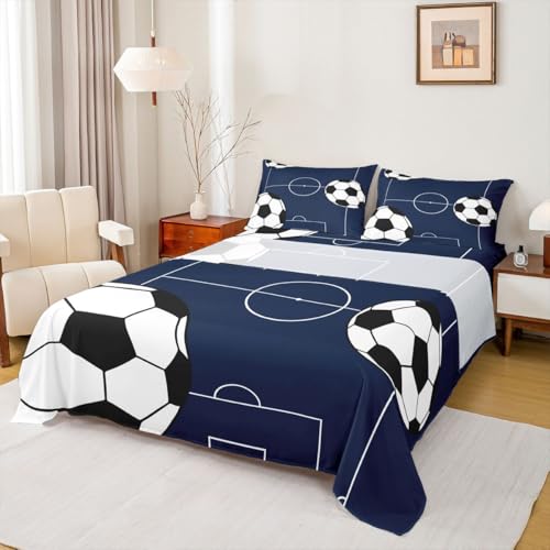 Image of Castle Fairy Dark Blue Ball Gaming Bed Sheet King Set,Kids Soccer Sports Theme Sheet Sets Adults Room Decoration,Football Bedding Set with Flat,Fitted Sheet,2 Pillow Cases
