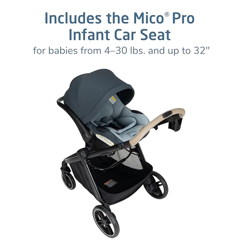 Image of Maxi-Cosi Zelia Pro 5-in-1 Travel System with Mico Pro Infant Car Seat and Baby Stroller Combo, Reversible Seat, Large Wheels, Adjustable Handle, Newborn to Toddler, Lightweight, Seascape