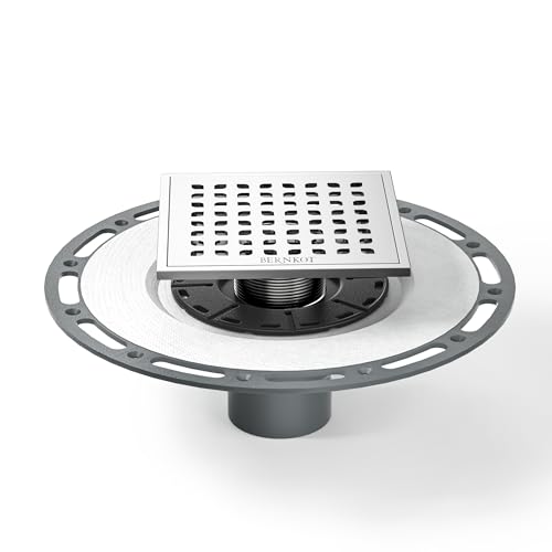 Bernkot Square Shower Drain w/PVC Bonding Flange Base, 6" Brushed