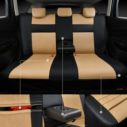 Image of CAR PASS Leather Seat Covers Full Set Universal Water Resistant 3D Foam Back Support, Luxury Comfort Automotive 5 Seat Covers All Season Fit for SUV,Sedan,Van, Airbag Compatible Elegance(Beige Black)