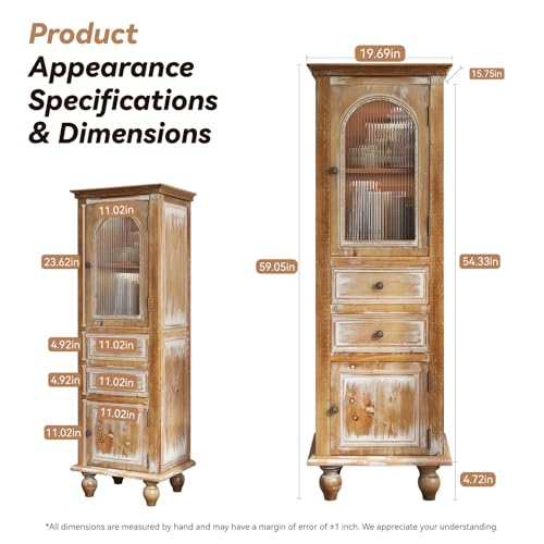 Image of LKTART 60 inch Tall Kitchen Pantry Storage Cabinet;WoodenGlass Display Cabinet | Solid Wood Frame;Farmhouse /French Country Narrow Corner Glass Display Cabinet;Narrow Storage Cabinet;Tall Accent Cabinet