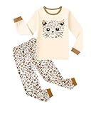 CARETOO Sleepwear for Kids Girls Long Sleeve Pajama Set 2 Piece PJs Comfy Loungewear Beige Cat 7-8 Years